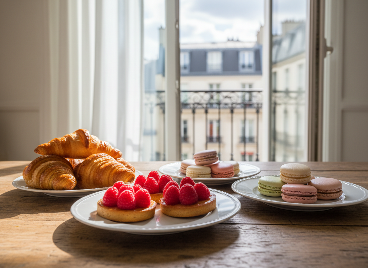 An elegant spread of classic French pastries arranged on a rustic wooden table in a cozy Paris apartment kitchen, captured in photographic realism. Golden butter croissants, glossy raspberry tartlets, and delicate macarons in muted pastels rest on white porcelain plates with subtle embossed rims. In the background, a narrow balcony door reveals soft-focus Haussmann rooftops and iron railings. Late-morning natural light filters through sheer curtains, creating gentle highlights on flaky pastry layers and casting soft shadows across the grain of the wood. Shot at eye level with a shallow depth of field, the composition follows the rule of thirds, creating an inviting, sophisticated mood that feels intimate yet polished, perfect for a Paris food tour homepage hero image.